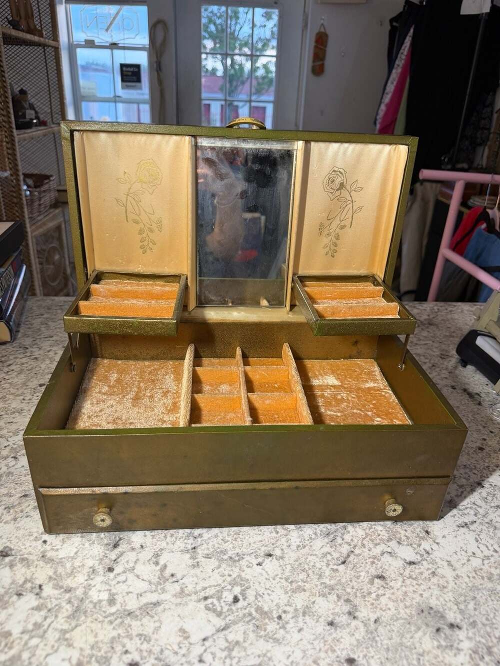 Vintage Green Faux Leather Velvet Jewelry Box with Mirror and Drawer